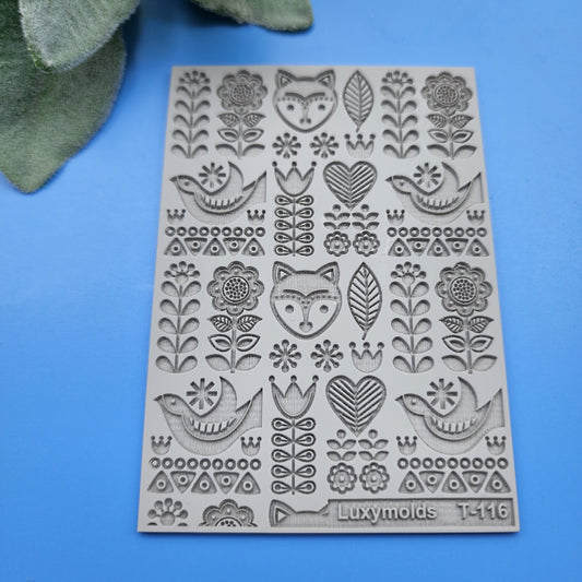 Polymer clay Texture tile Texture mat Clay stamp Polymer clay texture stencils "Scandinavic flowers" T-116