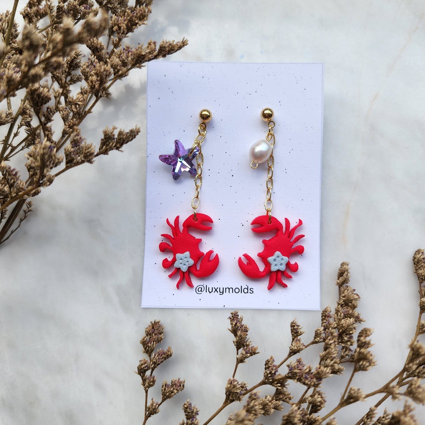 Polymer clay earrings / Summer earrings /Octopus earrings / Coral earrings / Crab earrings / Fin earrings / Wood resin earrings/Red earrings