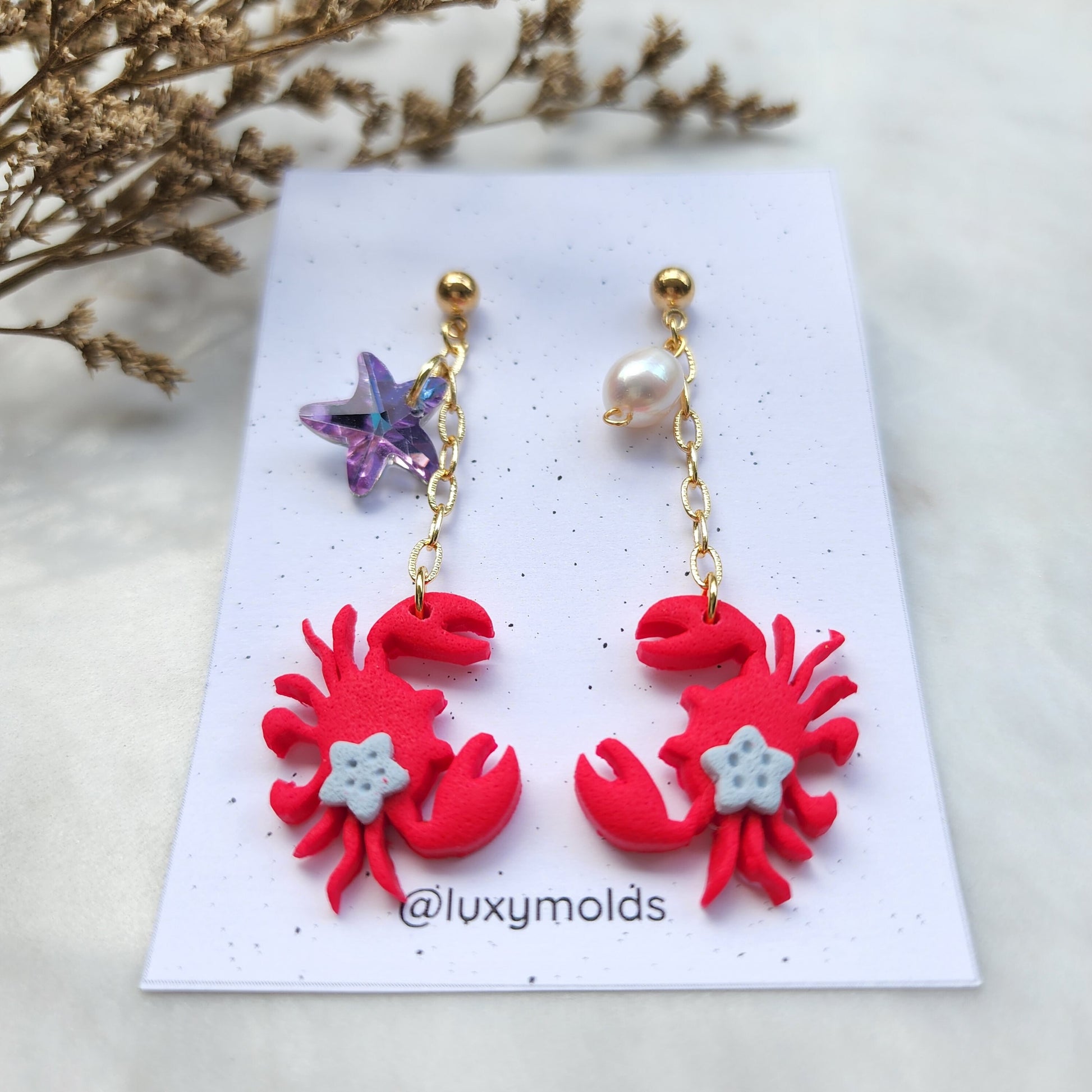 Polymer clay earrings / Summer earrings /Octopus earrings / Coral earrings / Crab earrings / Fin earrings / Wood resin earrings/Red earrings