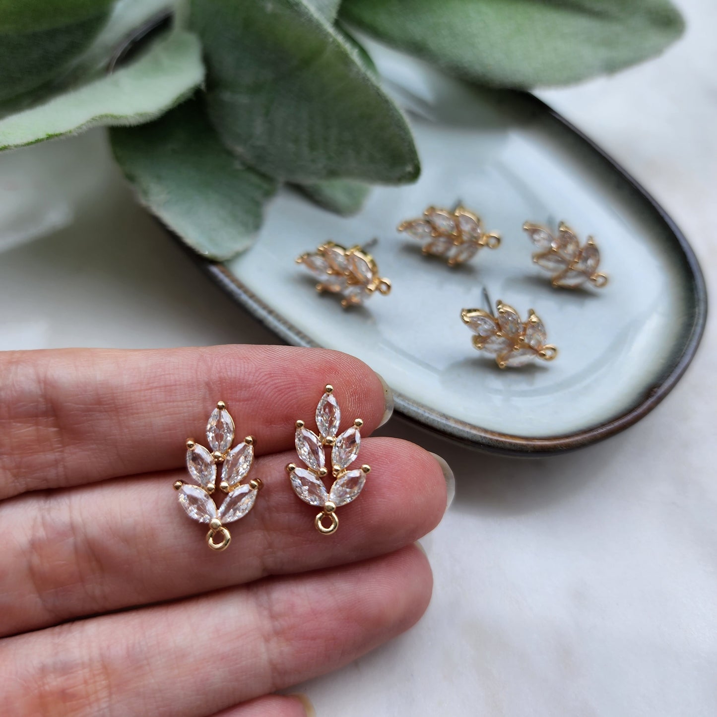 Cubic zirconia stud earrings parts "Leaf" Crystal Earrings components findings DIY Rhinestone Jewelry supplies Earrings gold plated parts